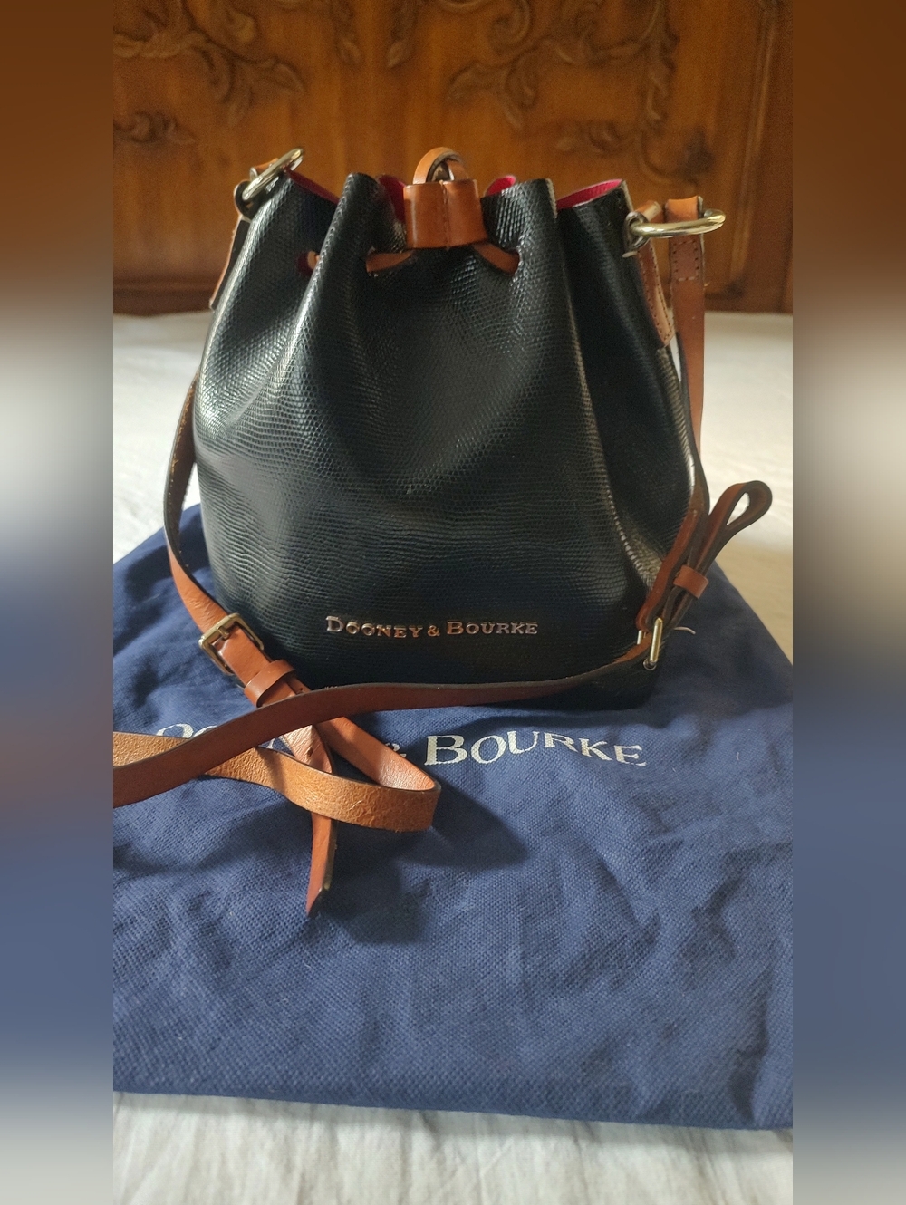 Dooney & Bourke Black Leather Drawstring Crossbody Brown Bucket